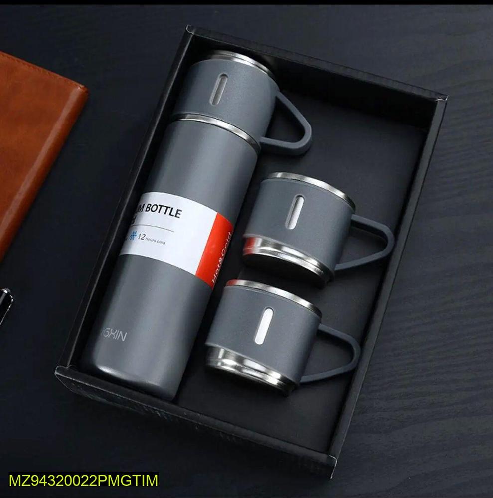 Premium Stainless Steel Vacuum Flask & 2 Cups Gift Set – Hot & Cold Insulated Bottle