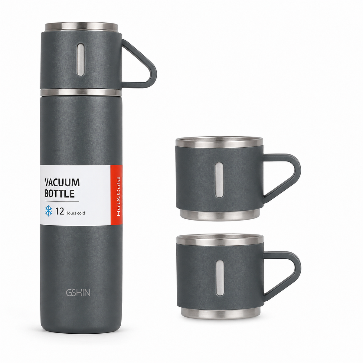 Premium Stainless Steel Vacuum Flask & 2 Cups Gift Set – Hot & Cold Insulated Bottle